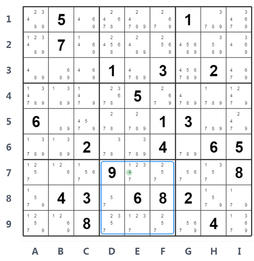 Exemplo Hidden Single - Notação de candidatos