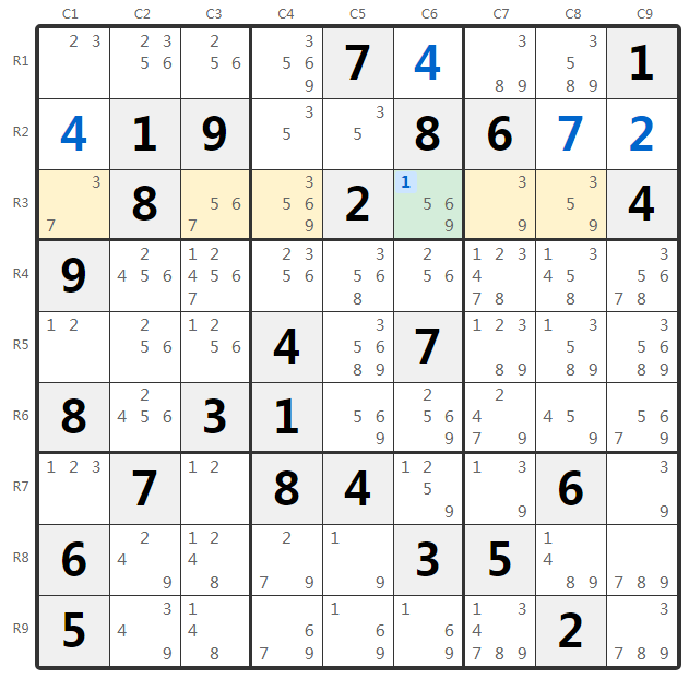 Exemplo Hidden Single Sudoku - Análise de linha