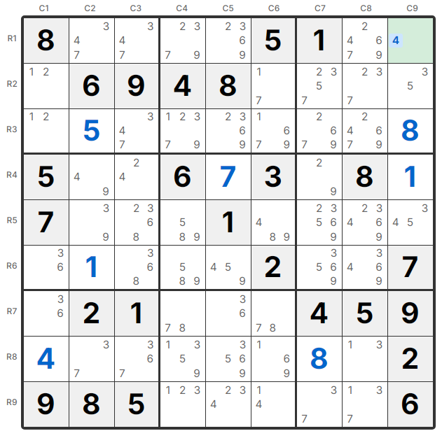 Exemplo Single Nu - R1C9 tem apenas candidato 4