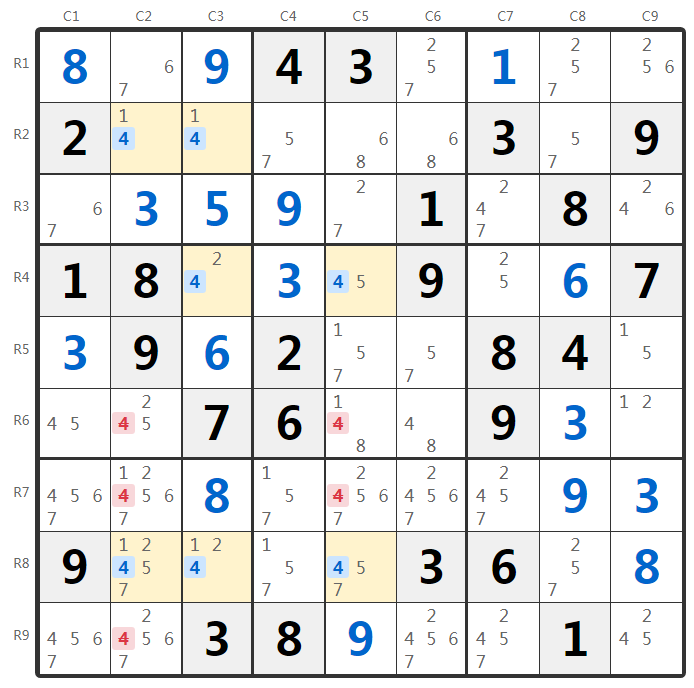 Exemplo da técnica Swordfish do Sudoku