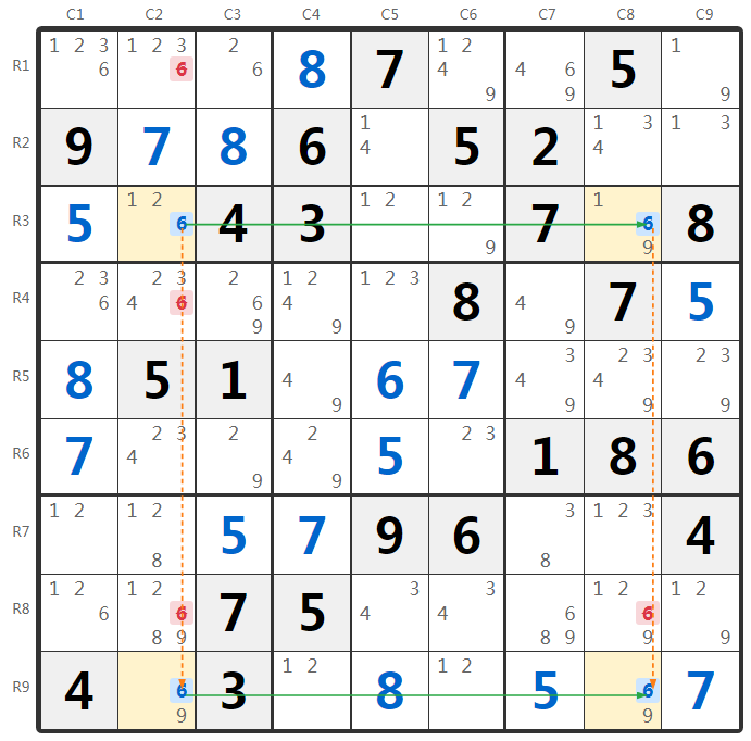Exemplo de X-Wing no Sudoku